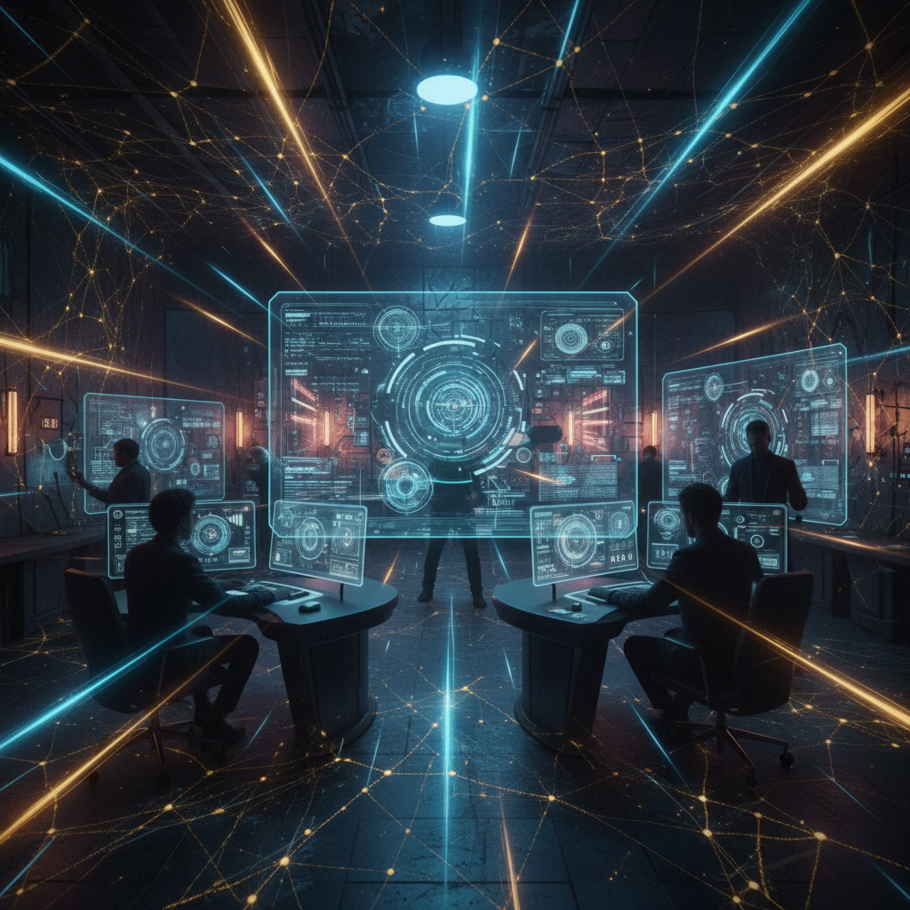 Futuristic cinematic scene with AI neural networks and creative professionals