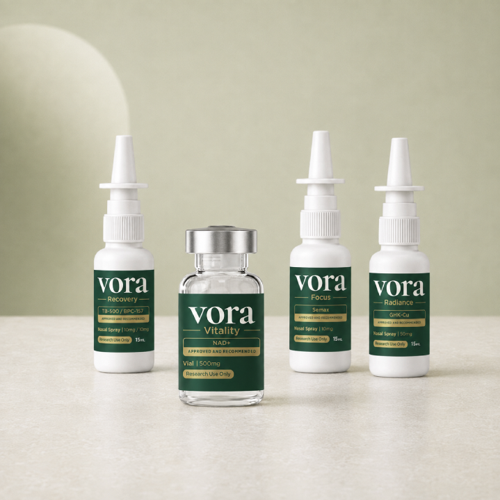 Vora research-grade peptide nasal sprays and vial in a laboratory setting