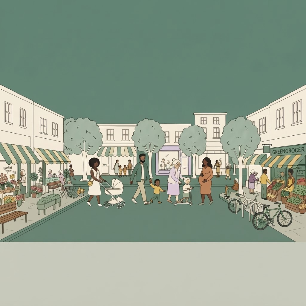 Warm neighbourhood high street with parents, children and local shops