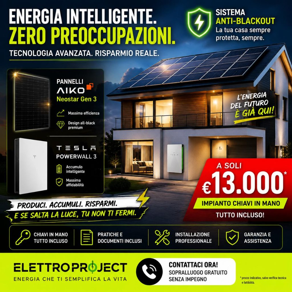 Sistema fotovoltaico Aiko Gen 3 + Tesla Powerwall 3 — impianto chiavi in mano a 13.000€