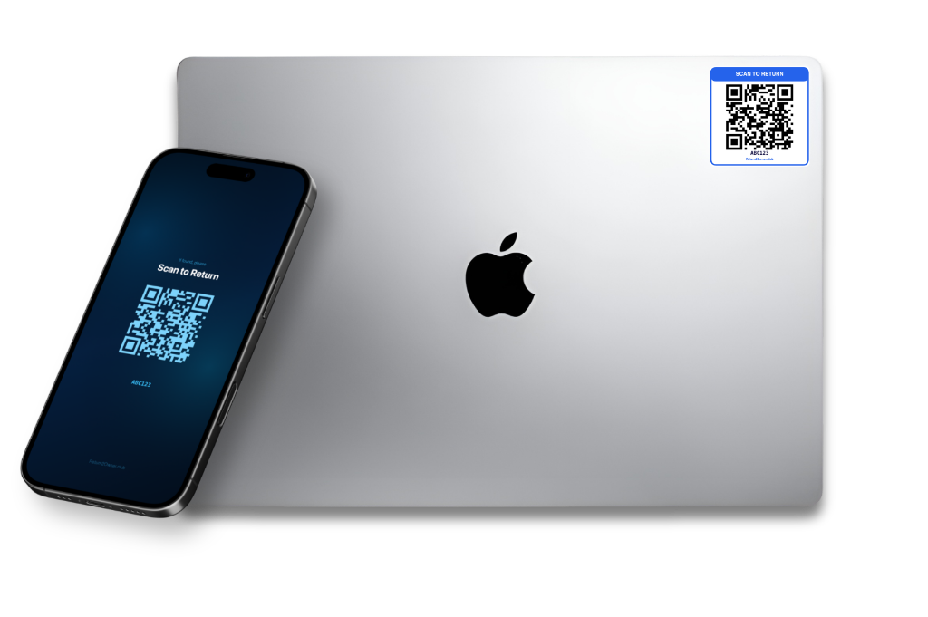 MacBook with a Return2Owner QR sticker and iPhone showing the Scan to Return lock screen