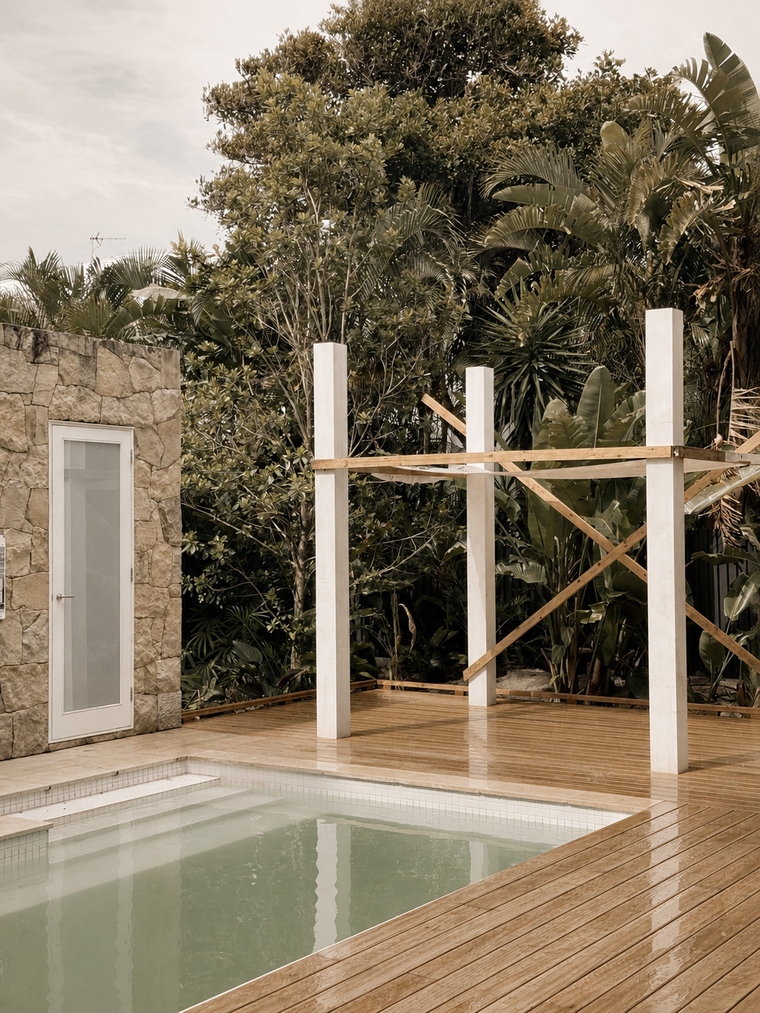 Pool area with deck and pergola