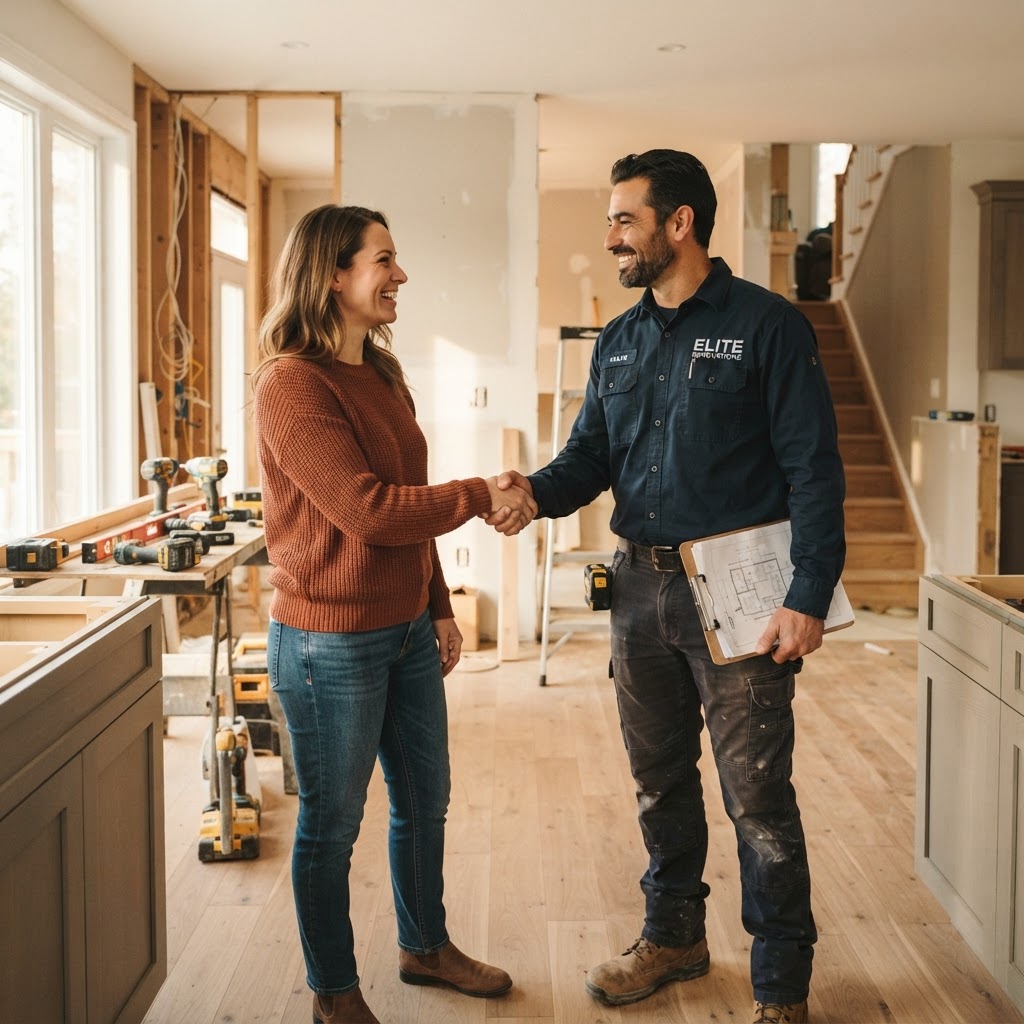 Handwerker bei einem Kundengespräch auf einer Baustelle