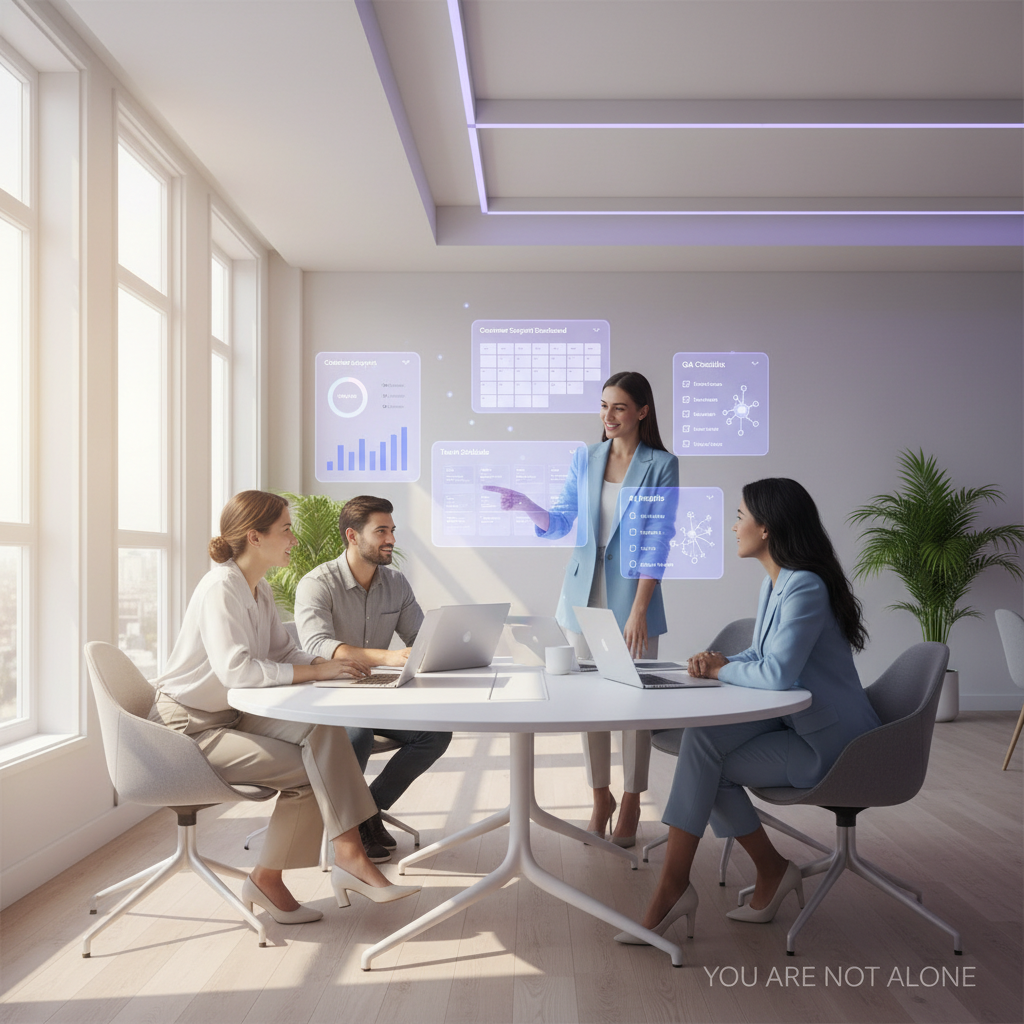 A support leader collaborating with a small team, reviewing customer support dashboards, schedules, QA, AI, and reporting