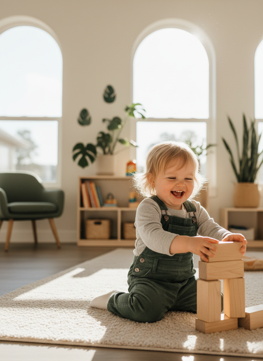 Happy child playing with wooden blocks in a sunlit daycare