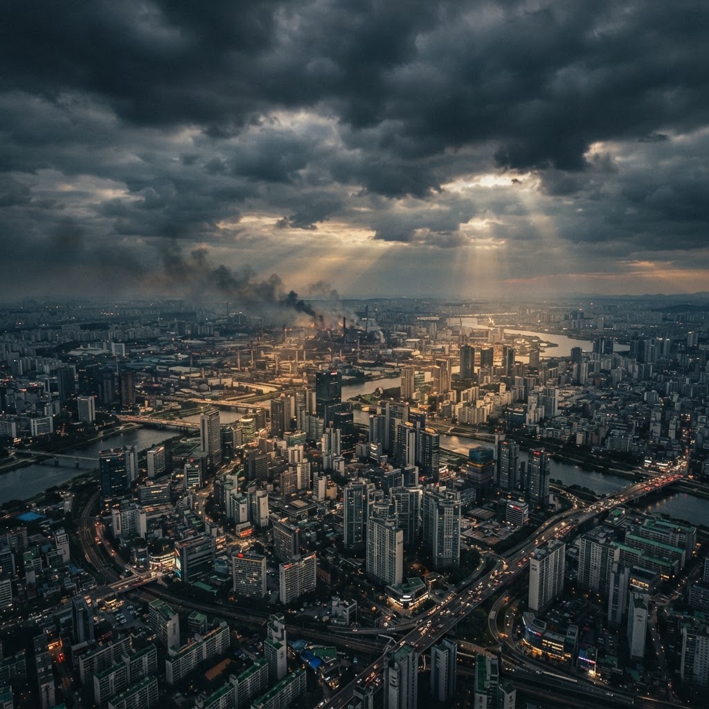 City under a foreboding sky with golden light rays