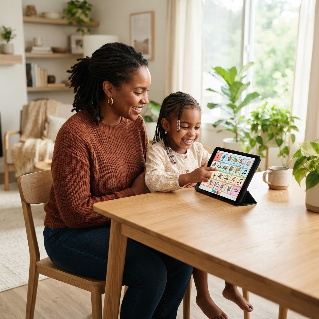 Criança a comunicar com um tablet ao lado da mãe