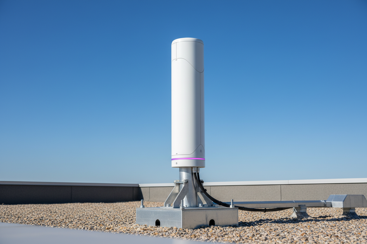 Professional 5G external antenna installed on a commercial building for maximum signal strength and business internet reliability