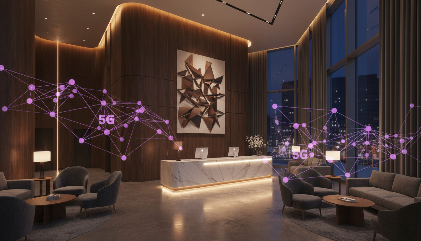 Hotel lobby using 5G backup internet to keep phone systems, access control, and guest services online