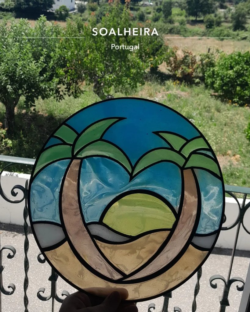 Stained glass style resin palm tree heart beach scene Soalheira Portugal
