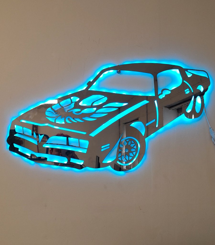 Pontiac Trans Am mirrored LED blue wall art