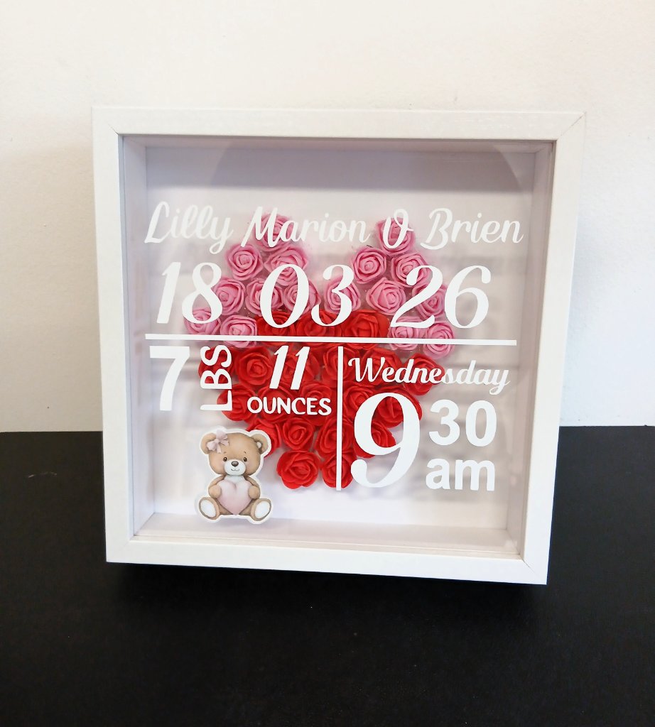 Lilly Marion O Brien baby birth stats shadow box pink roses teddy bear