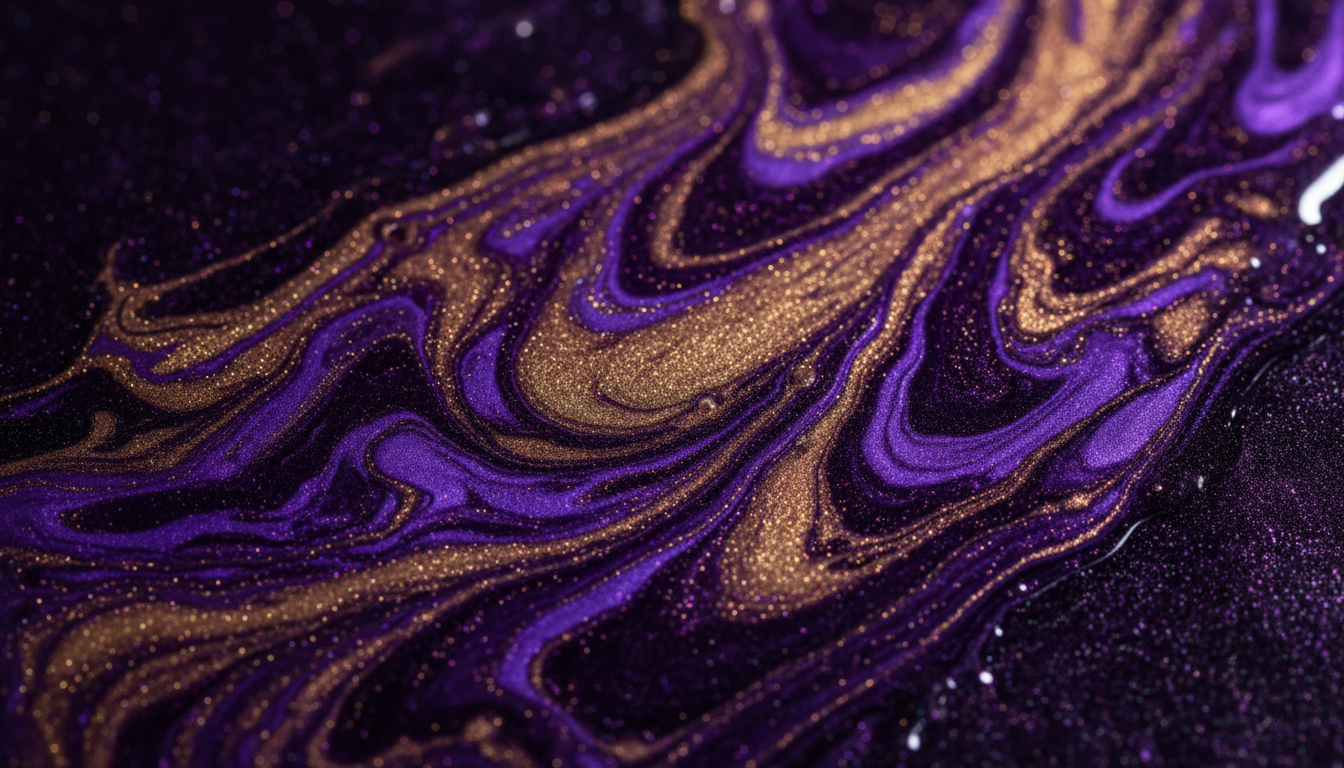 Swirling resin art with gold and violet pigments