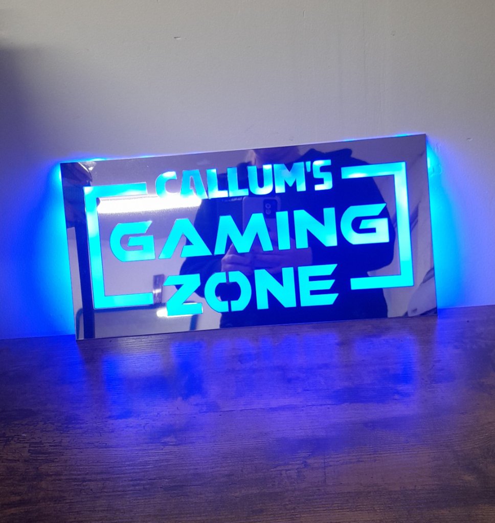 Callums Gaming Zone mirrored LED sign blue