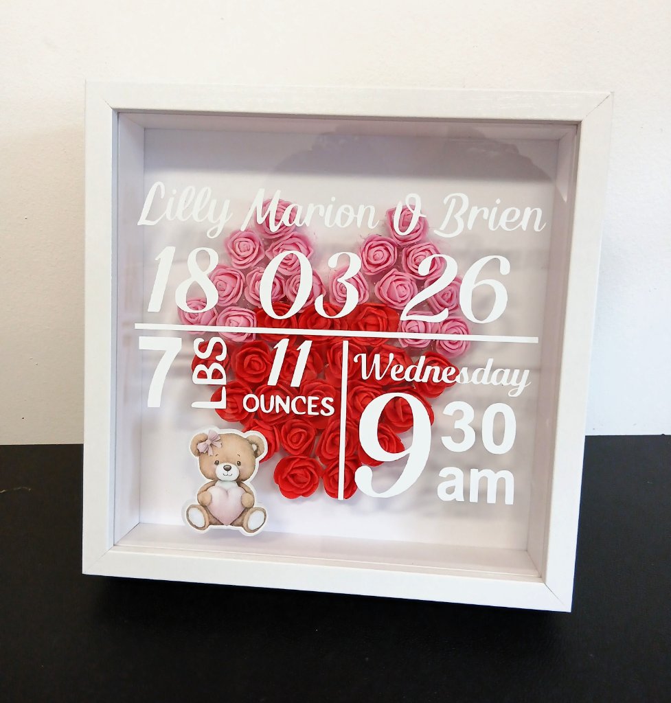 Lilly Marion baby birth shadow box with red and pink roses heart