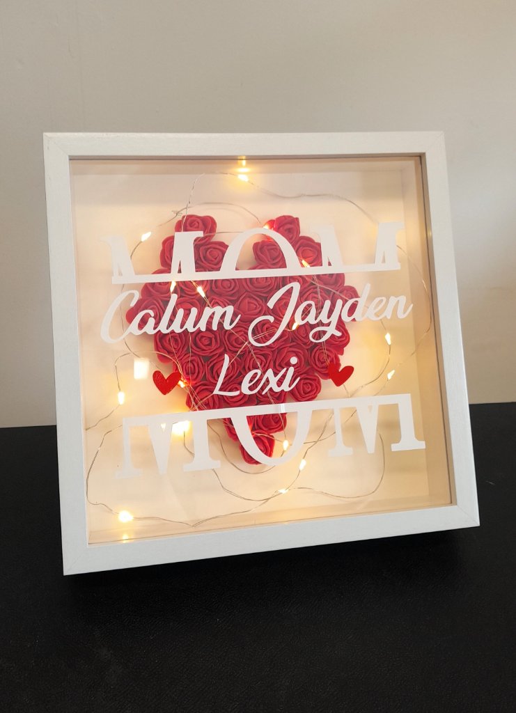 Mum shadow box with red roses Calum Jayden Lexi fairy lights