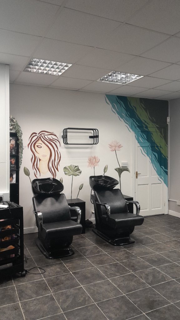 Hair salon wall mural with woman line art and teal wave design