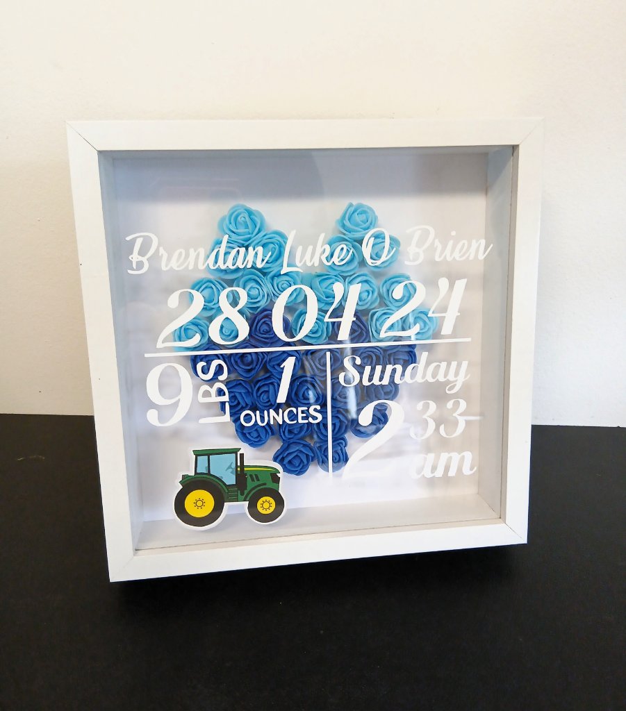 Brendan Luke O Brien baby birth stats shadow box blue roses tractor
