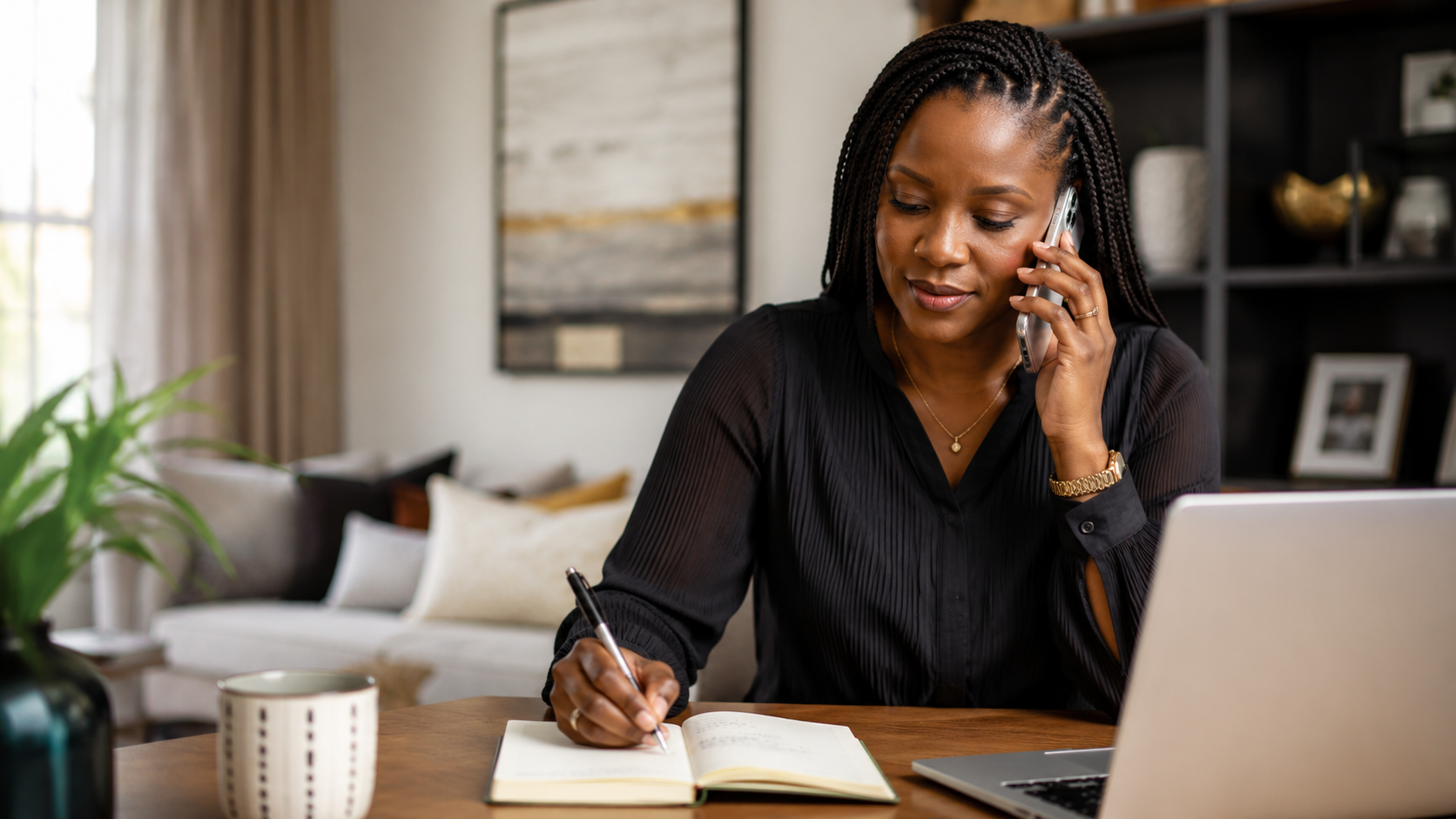 Ghanaian healthcare coordinator reviewing a patient care plan at a desk