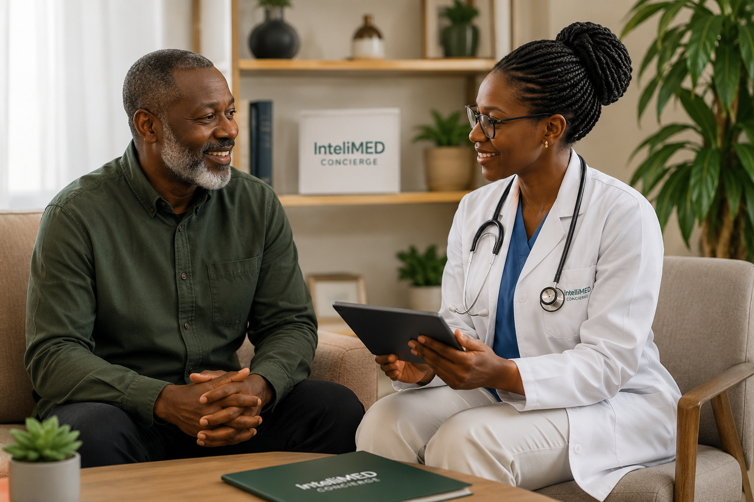 African doctor consulting with a patient in a clinic setting