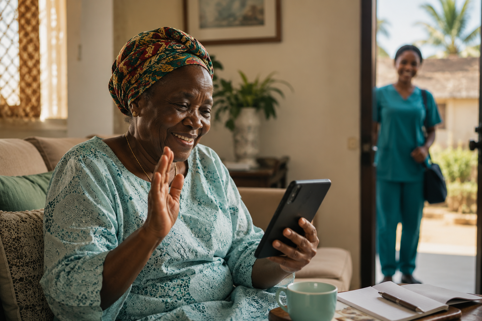 African healthcare coordinator discussing a care plan with an elderly woman