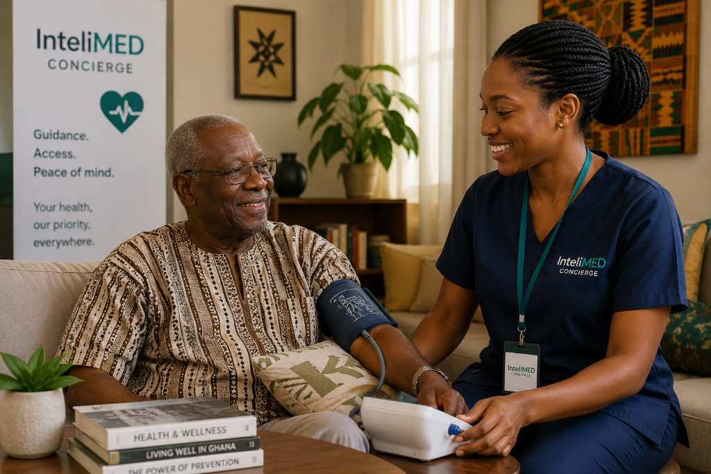 Nurse providing home-based care and support to an elderly African patient