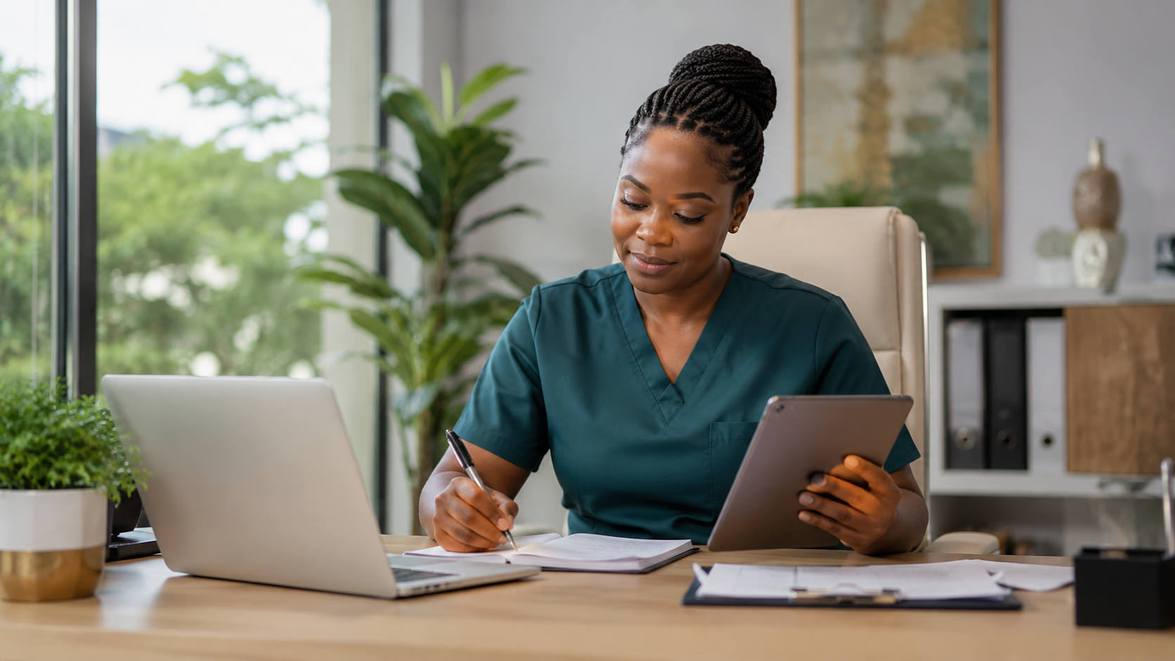 African healthcare professional speaking with a patient and family member