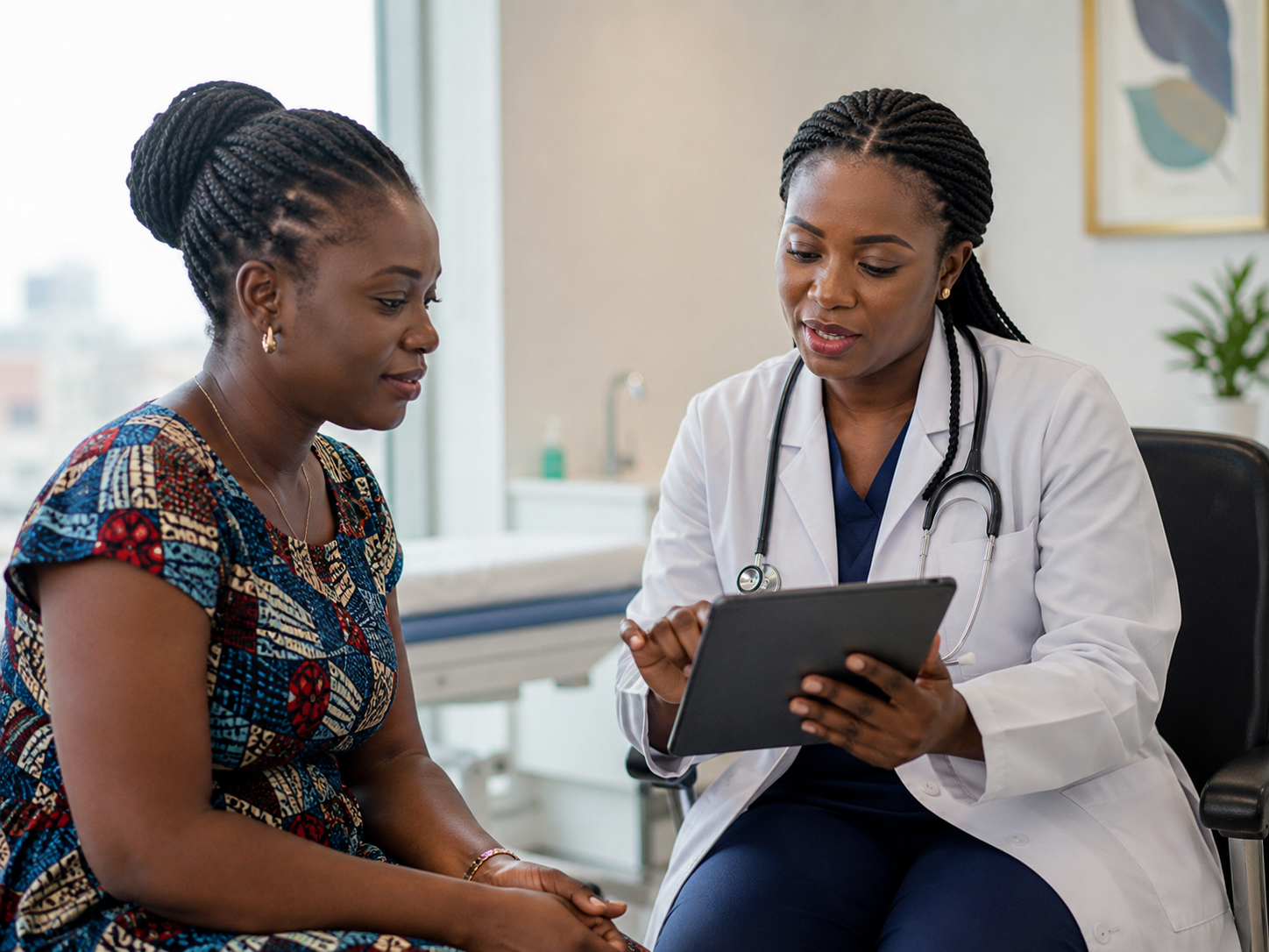 Ghanaian doctor consulting with a patient at a modern clinic in Accra