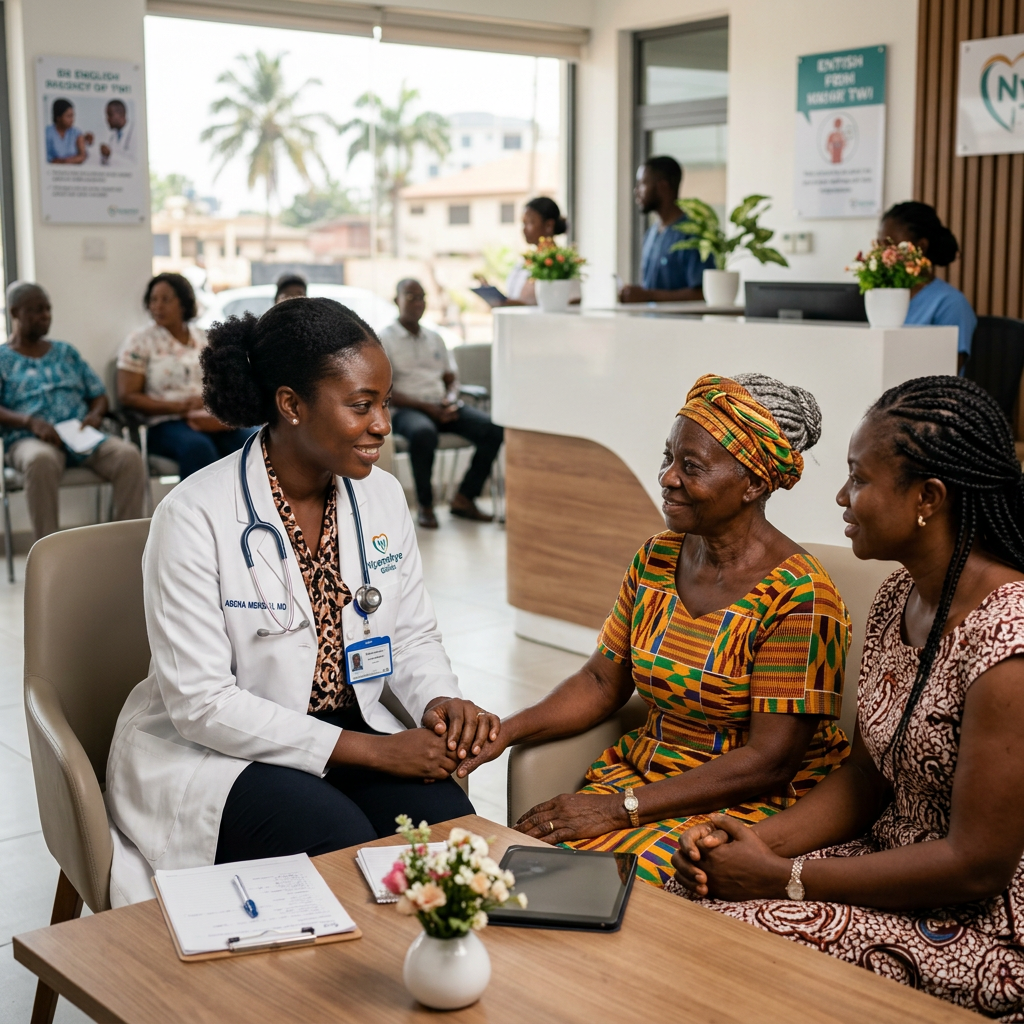 Doctor consulting with a patient and family member at a Ghana clinic