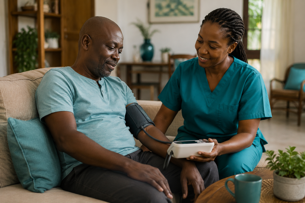 Nurse performing a home health check on a recovering patient in Africa