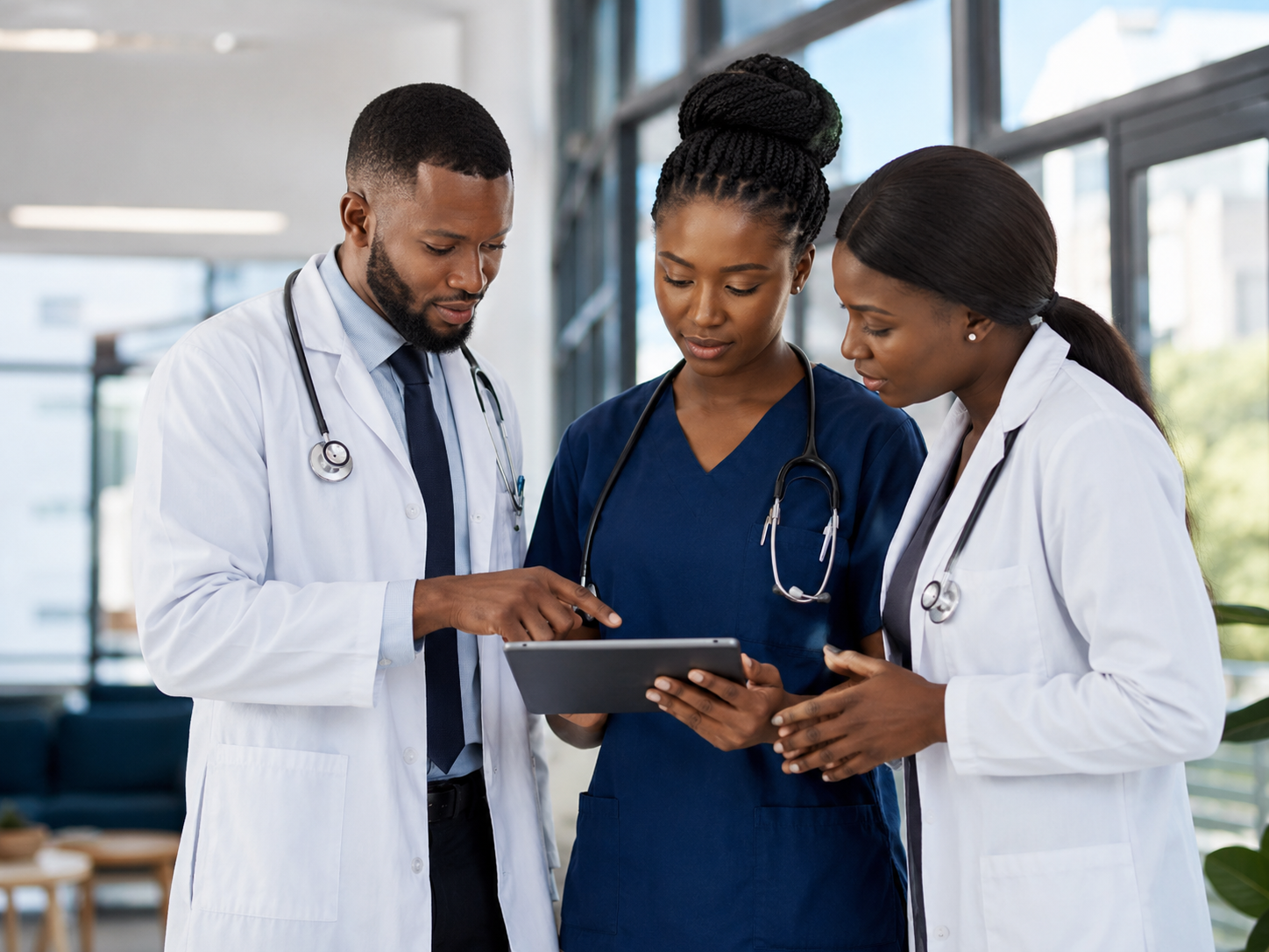 Medical professionals collaborating on patient coordination in a Ghanaian healthcare facility