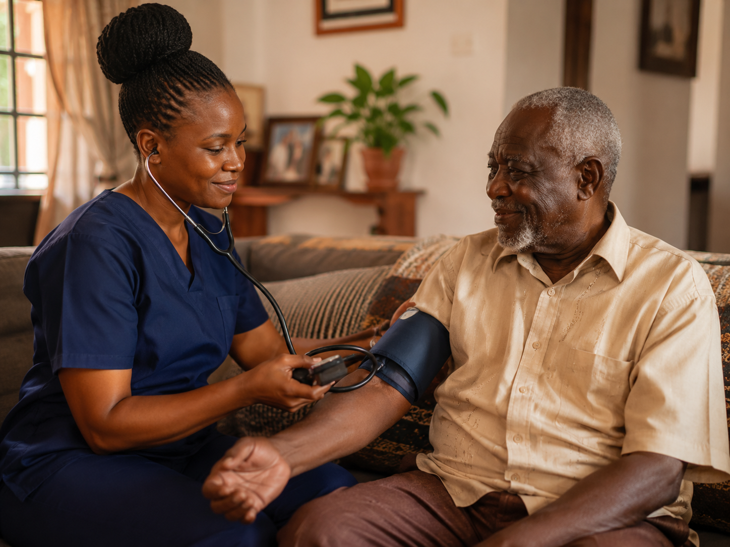 Nurse providing compassionate home-based care to an elderly patient in Ghana