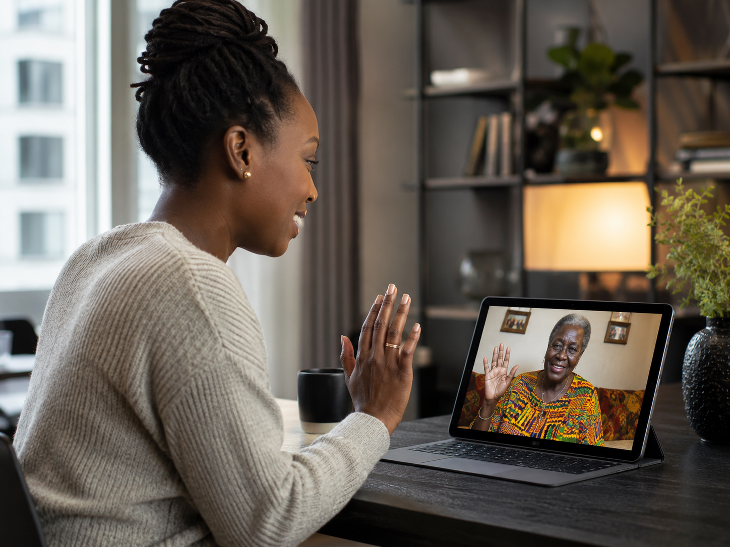 African family staying connected and coordinating care for a loved one in Ghana