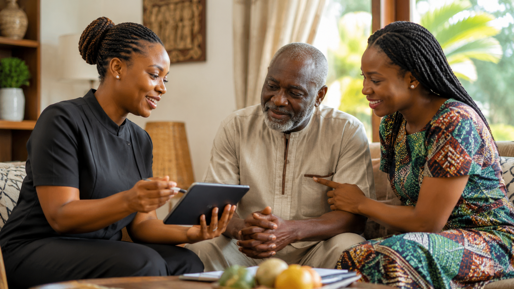 Trusted African healthcare professional consulting with a patient and their family member
