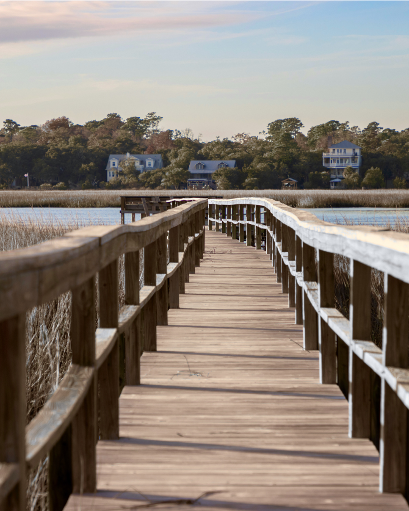 Newly constructed residential dock extending over a coastal South Carolina waterway