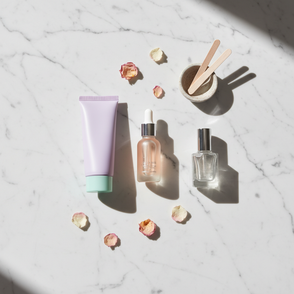Nail care products flat lay — cuticle oil and hand cream on marble — Bliss Nail Lounge Fort Myers