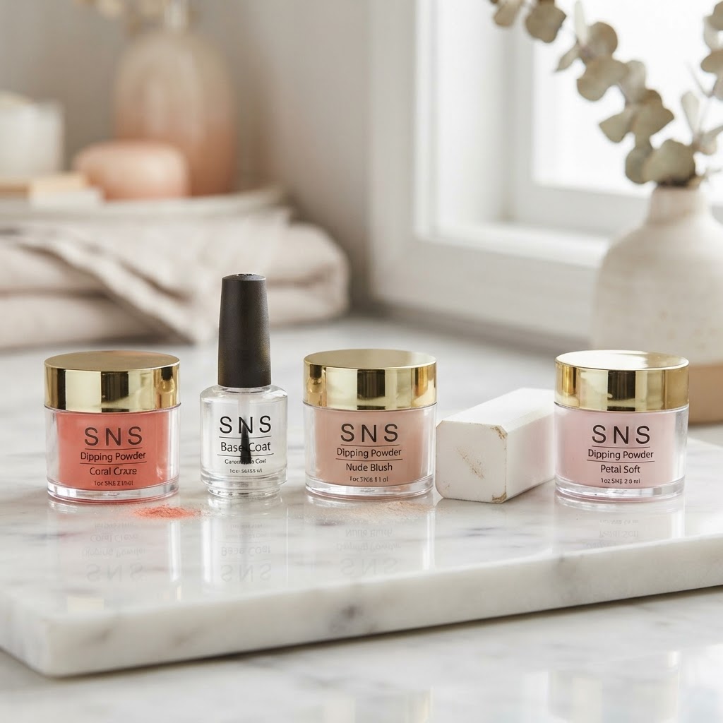 SNS dipping powder jars in coral, nude, and blush with buffer at Bliss Nail Lounge Fort Myers