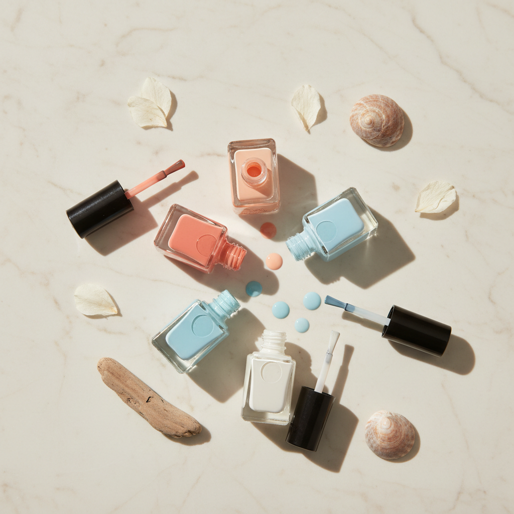 Summer nail polish shades flat lay — coral, peach, sky blue on marble — Bliss Nail Lounge Fort Myers