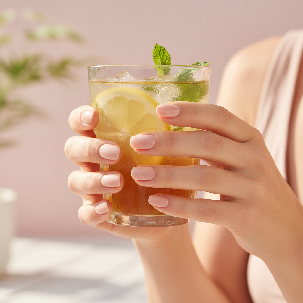 Woman's hands with glossy nude nails holding cold drink — summer at Bliss Nail Lounge Fort Myers