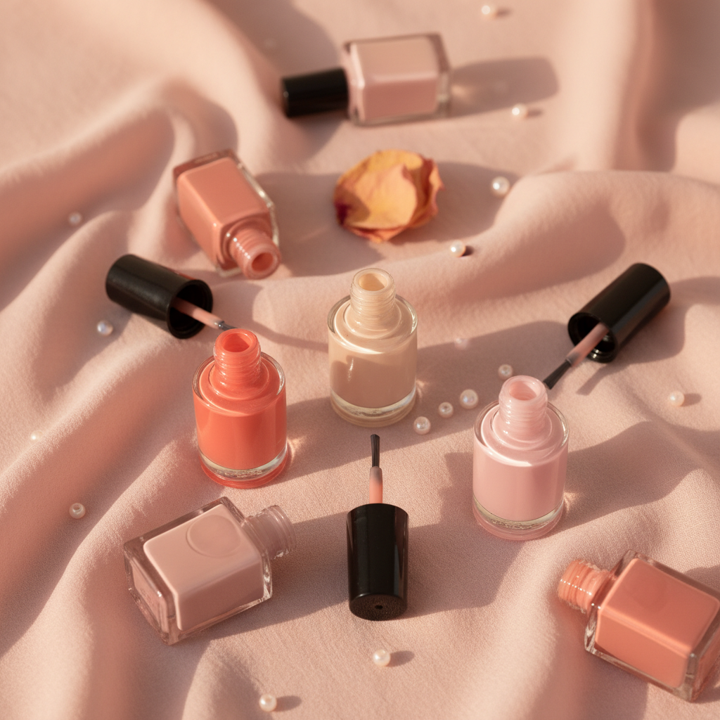 Nail polish bottles in coral and pink on fabric — Bliss Nail Lounge Fort Myers