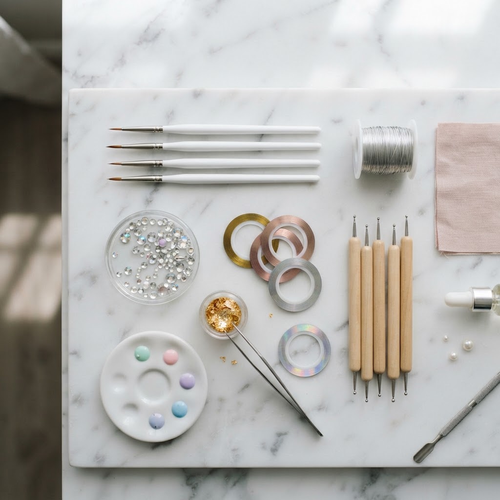 Custom nail art supplies with rhinestones, foil, and fine detail brushes at Bliss Nail Lounge Fort Myers