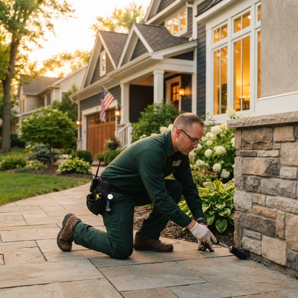 Marsh pest and wildlife control technician inspecting a home