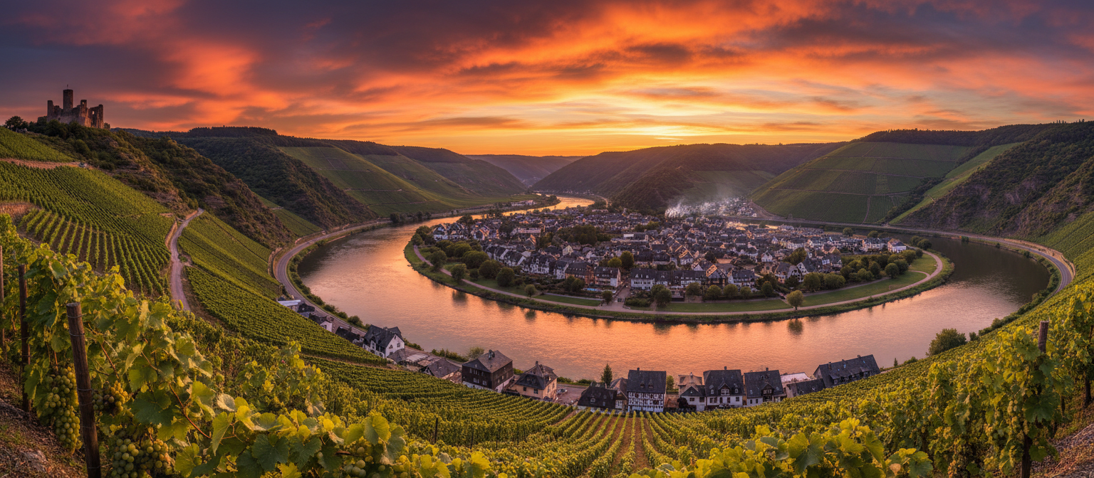 Panoramablick auf das Moseltal bei Sonnenuntergang