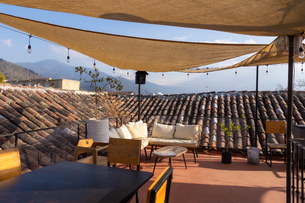 Rooftop terrace with volcano views