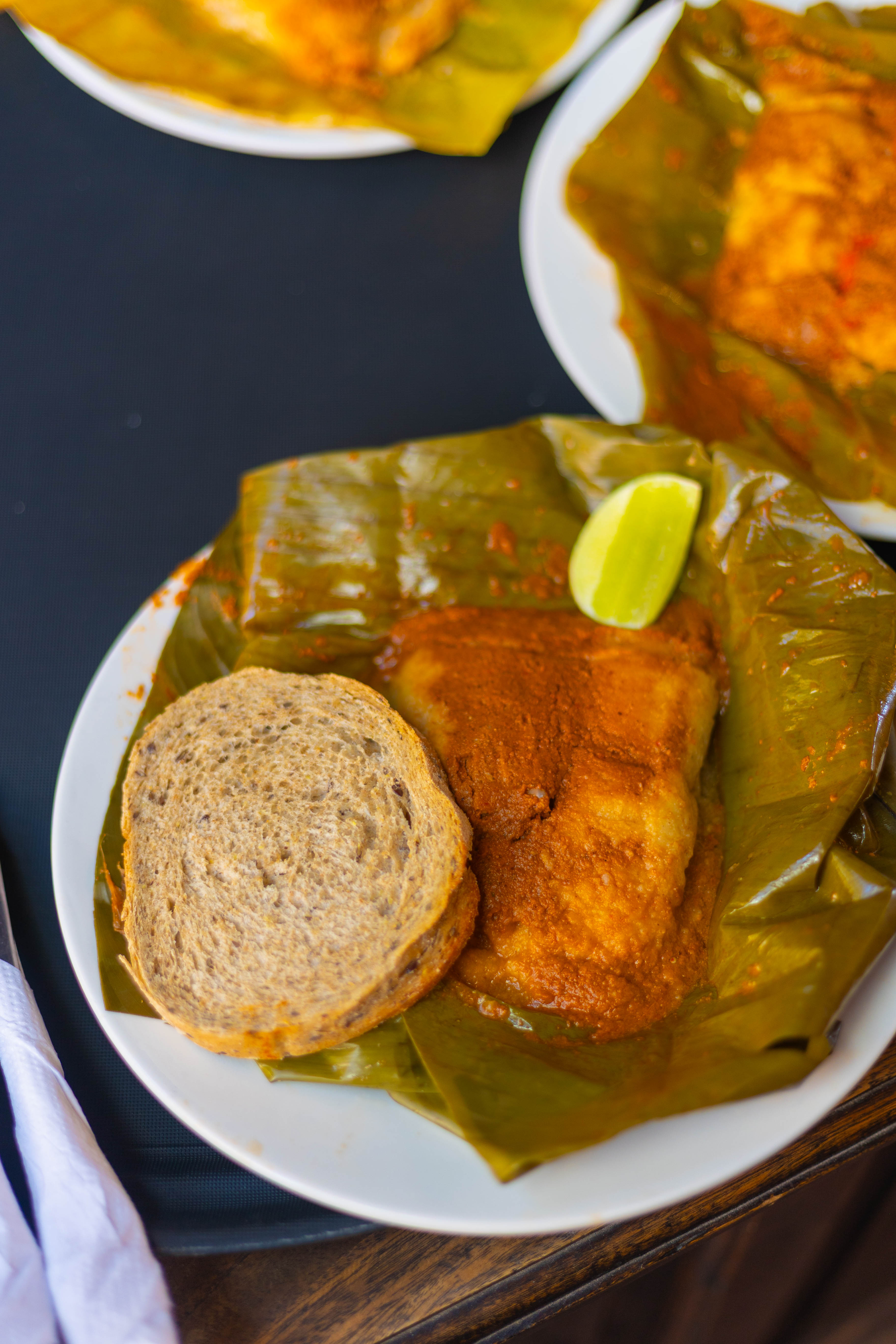 Gourmet dish served on a banana leaf