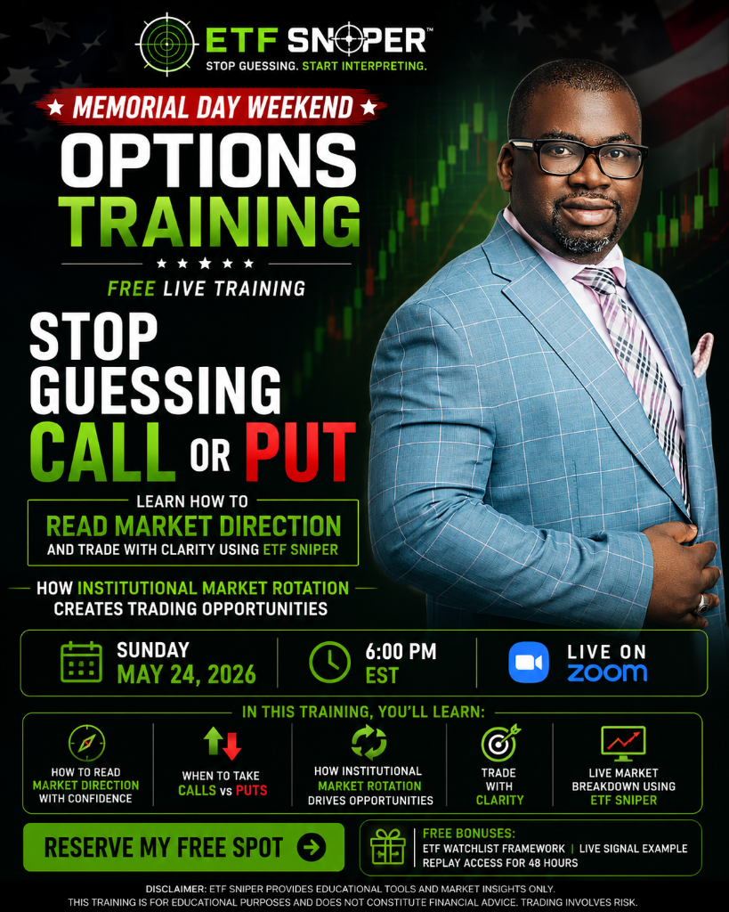 ETF Sniper — Memorial Day Weekend Options Training. Free live training: Stop Guessing CALL or PUT. Sunday, May 24, 2026 at 6:00 PM EST, live on Zoom.