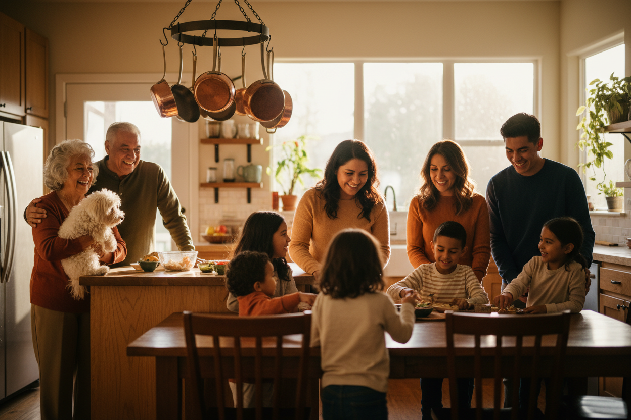 Multi-generational family with their pet in a warm sunlit kitchen