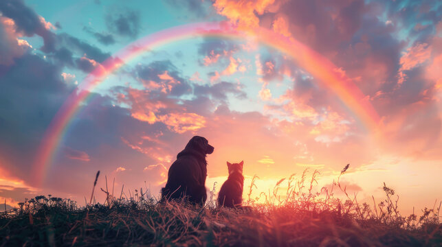 Two pets sitting under a rainbow at sunset