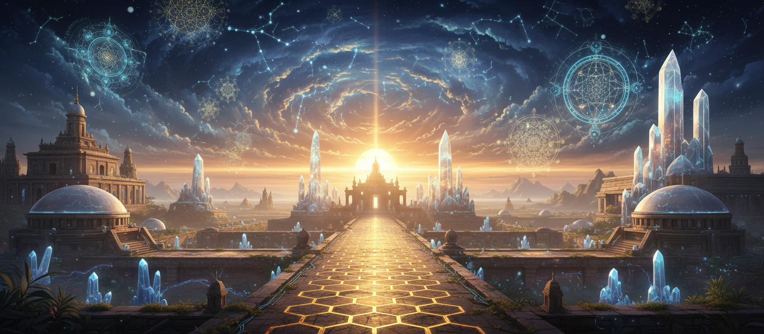 Cosmic spiritual landscape with sacred geometry and golden light