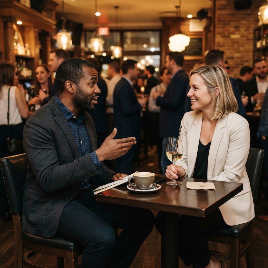 Two professionals seated across from one another at a networking event